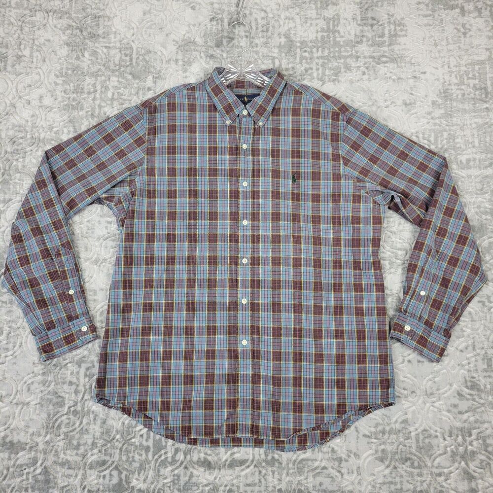 Ralph Lauren Shirt Mens XL Blue Check Plaid Classic Fit  Cotton Long Sleeve Pony